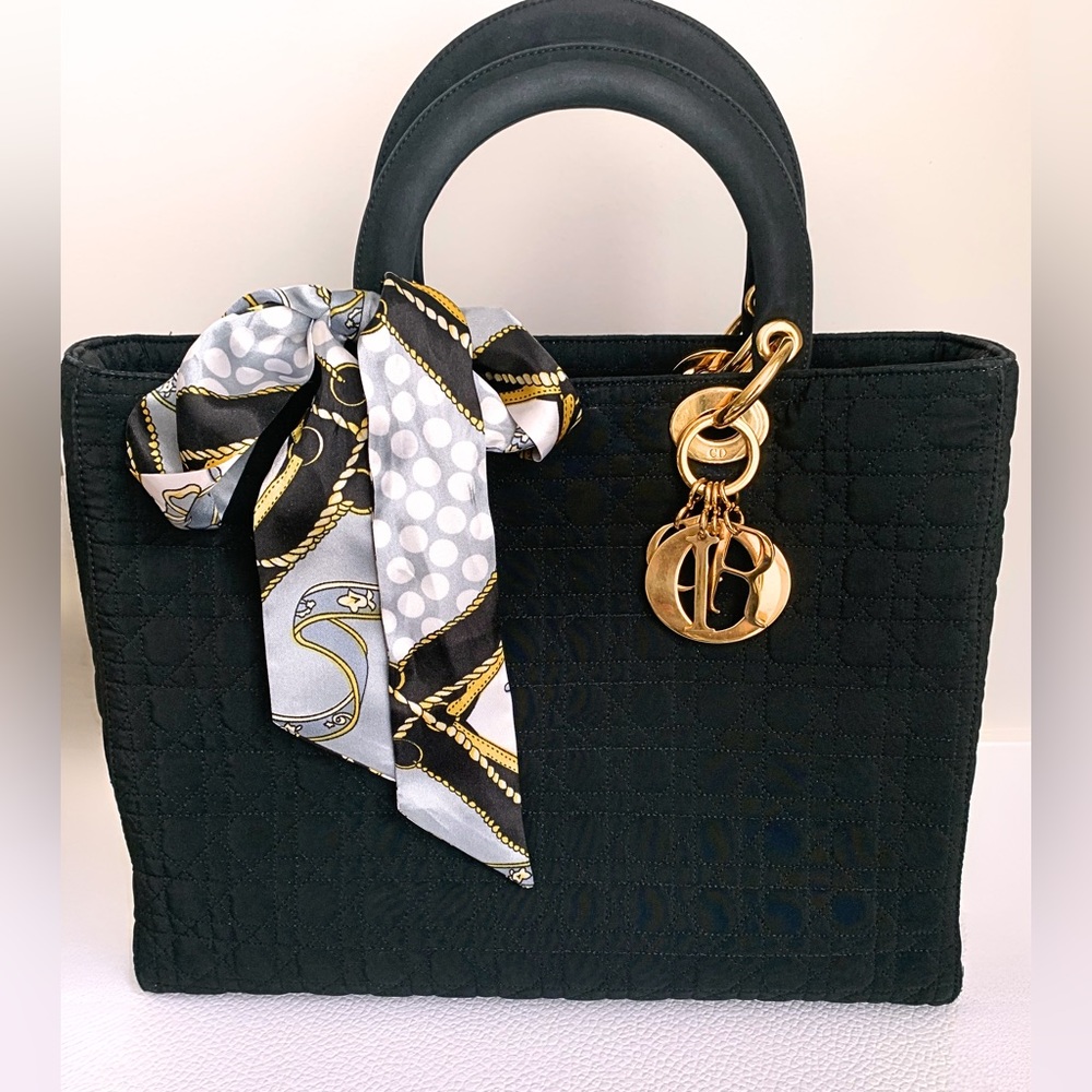 Black Quilted Tote Handbag with Gold Charm and Scarf
